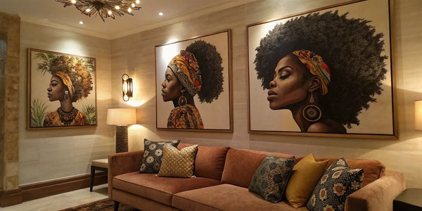A collection of Black hair art prints featuring natural styles hangs above a living room sofa.