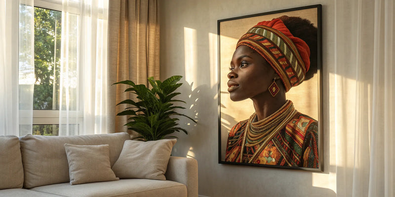 Vibrant art print of a Black woman with cultural patterns hanging in a modern living room.