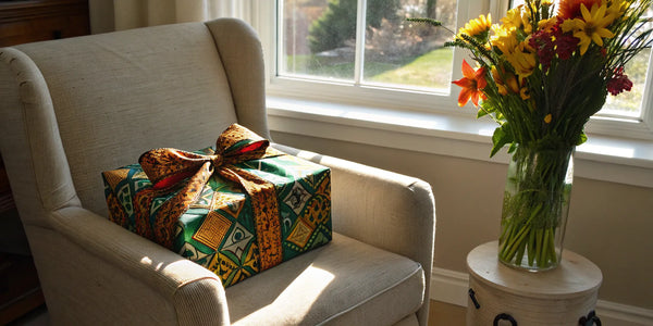 Gift box with African print and bow near flowers.