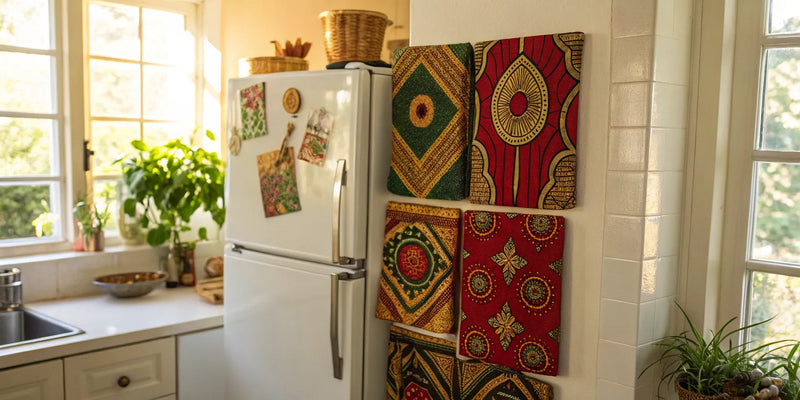 Stylish African American magnetic notepads on fridge.