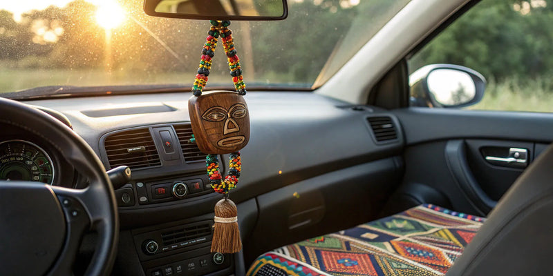 Afrocentric car accessories: beaded mirror charm and patterned seat cover.