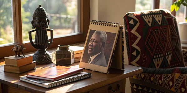 Black history calendar, books, and African art on a desk.