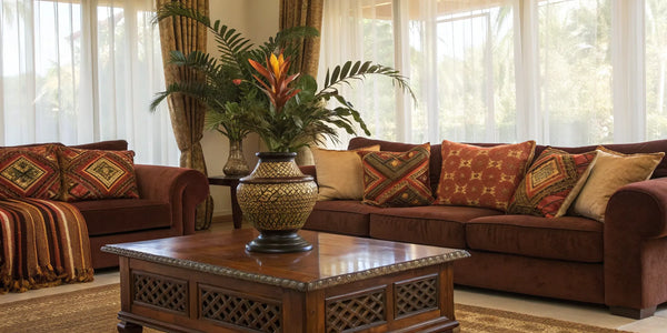 Black-owned home goods elevate living room style with patterned pillows, brown sofa, and wooden table.