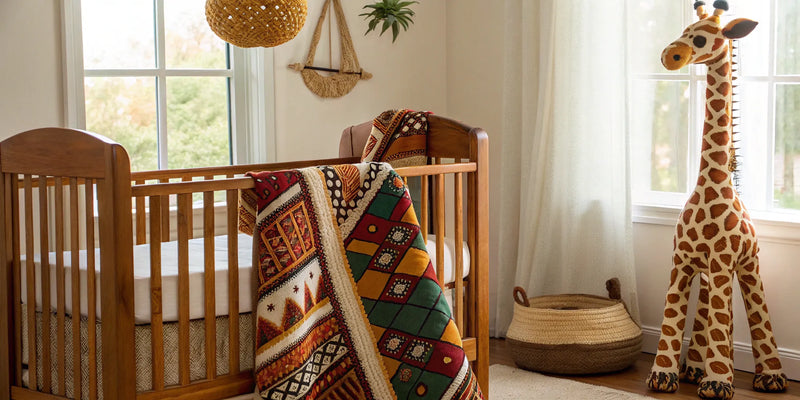African American baby gifts: Cozy nursery with crib, quilt, and plush giraffe.