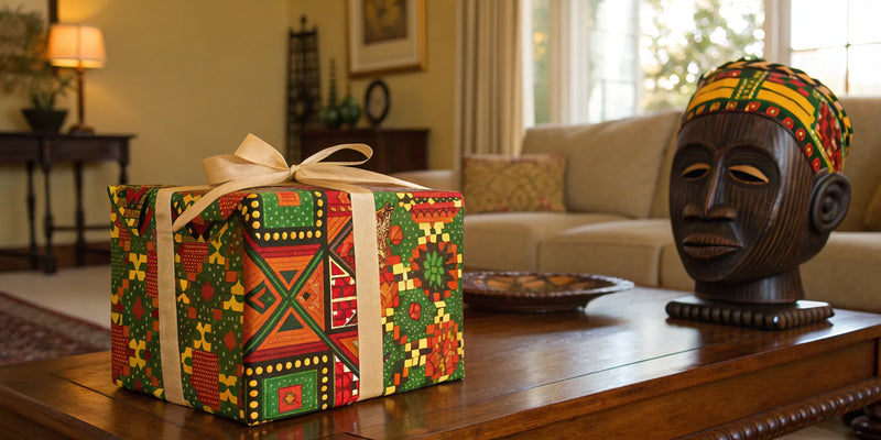 Unique Afrocentric gift box with vibrant patterns and African-inspired decor.