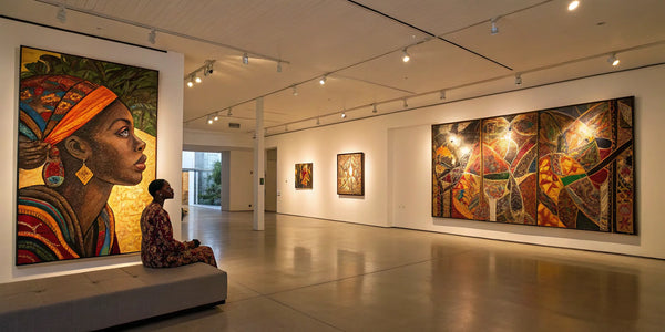 A collection of Black art on canvas to buy, featuring a powerful portrait and vibrant abstract art.