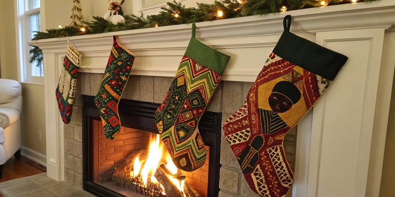 African American Christmas stockings with vibrant Kwanzaa and Black Santa designs.
