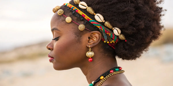 Afrocentric hair accessories with colorful beads and cowrie shells.
