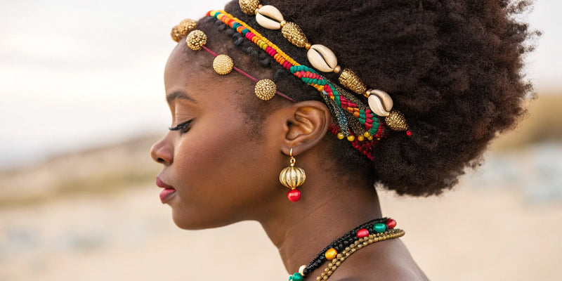 Afrocentric hair accessories with colorful beads and cowrie shells.