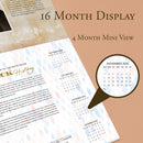 Calendar with 16-month display and 4-month mini view on a beige background