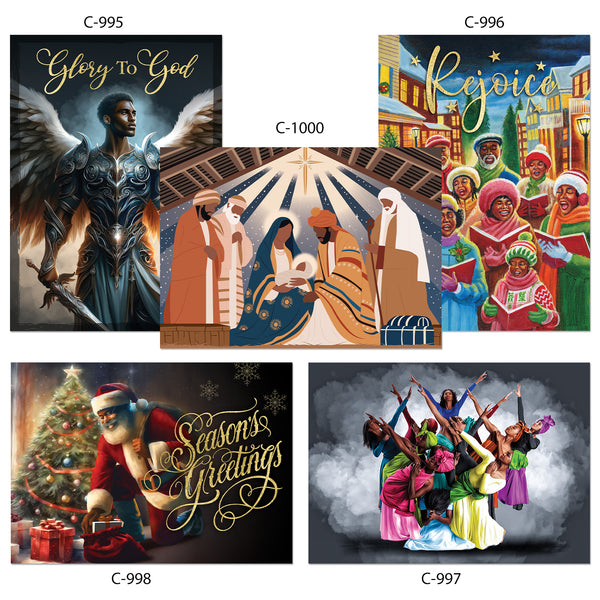 A collection of assorted holiday cards featuring various images related to the Christmas season, including nativity scenes, an angel, and festive gatherings, with a religious theme.