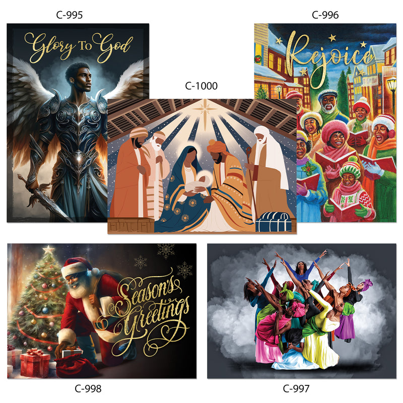 A collection of assorted holiday cards featuring various images related to the Christmas season, including nativity scenes, an angel, and festive gatherings, with a religious theme.