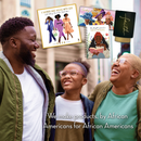 Three people laughing outdoors with products featuring African American women displayed above them.