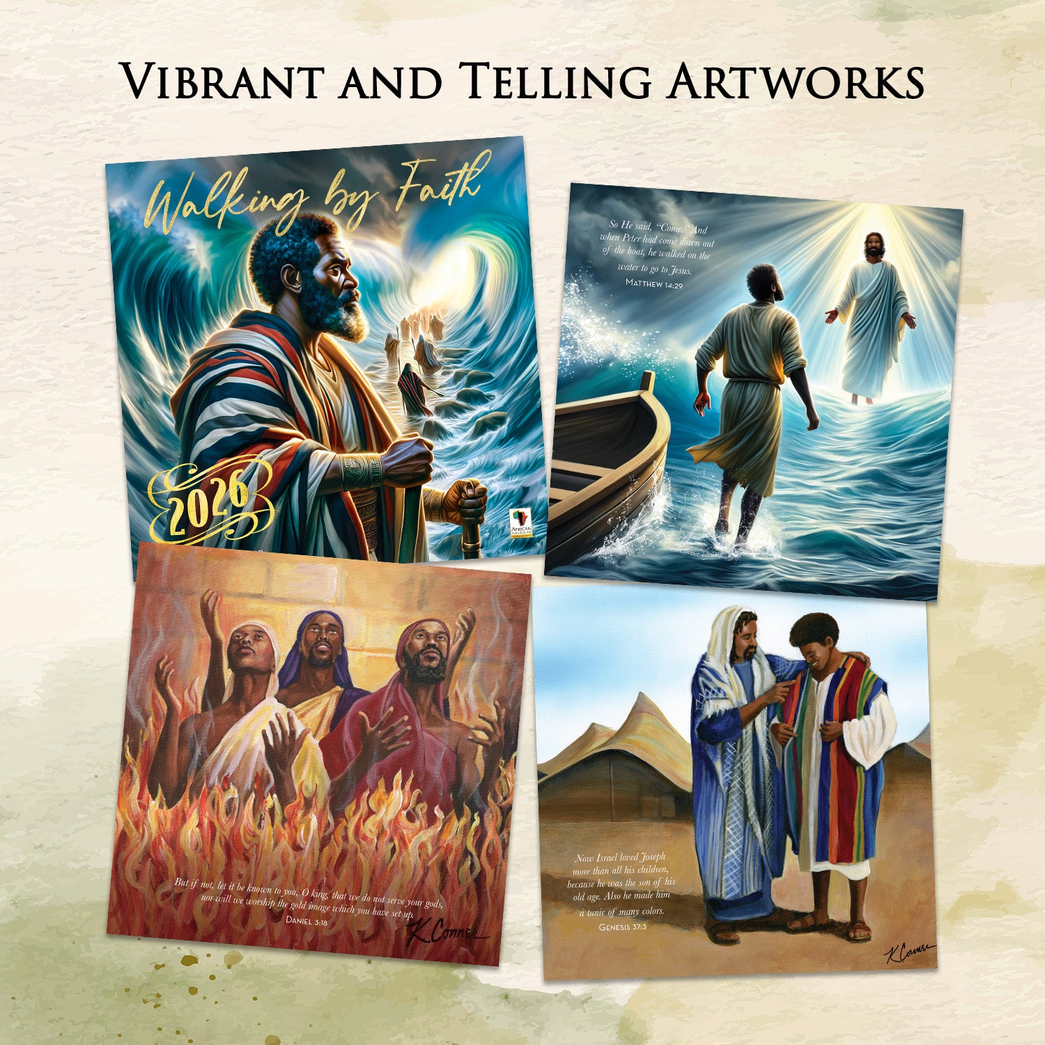 Four religious-themed artworks with people walking on water, a boat, and a fiery background.