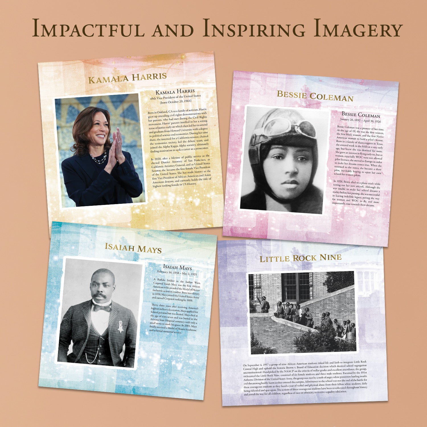 Four educational posters featuring influential figures with images and text on a beige background.