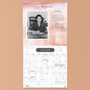 Calendar with a portrait of Jane Bolin and a pink watercolor design on a beige background