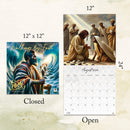 Calendar with religious design, showing both closed and open views on a light background.