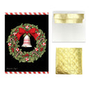 Christmas-themed card with wreath and bell design, gold envelope, and gold embossed paper.