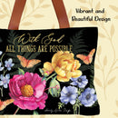 Decorative bag with floral design and inspirational quote on a beige background