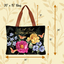 Floral tote bag with 'With God All Things Are Possible' text, shown with measurements on a leafy background.