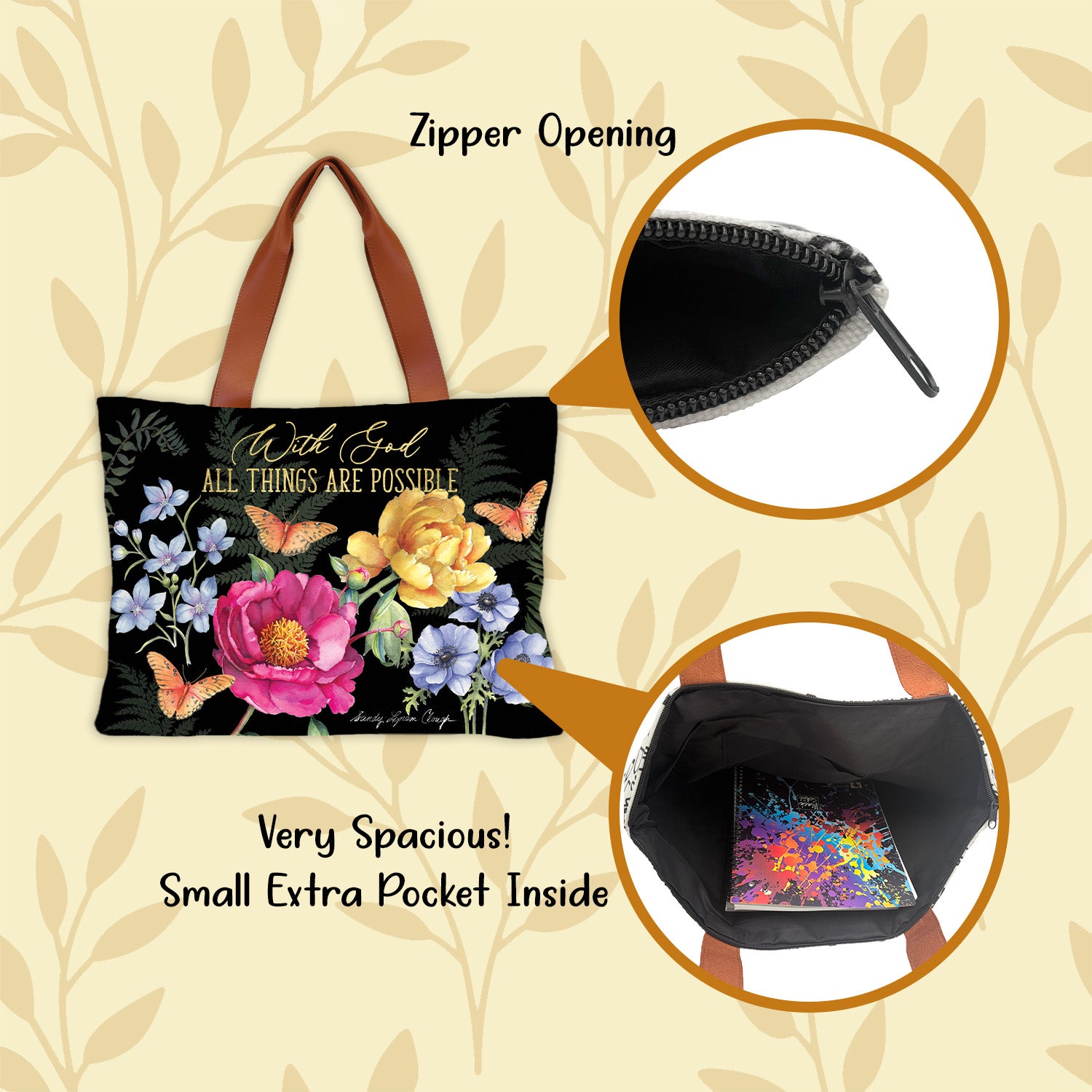 Floral tote bag with zipper opening and extra pocket on a decorative background