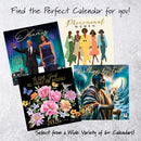 Four different calendar covers with various designs and text on a textured gray background.