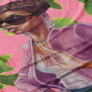 Close-up view of the Green and Pink Blanket highlighting the details of the stylish woman illustration and fabric texture