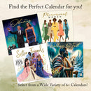 Four calendar covers with different designs and text on a light background.