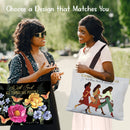 Two women standing outdoors, one holding a floral-patterned bag and the other with a tote bag featuring an illustration of women.