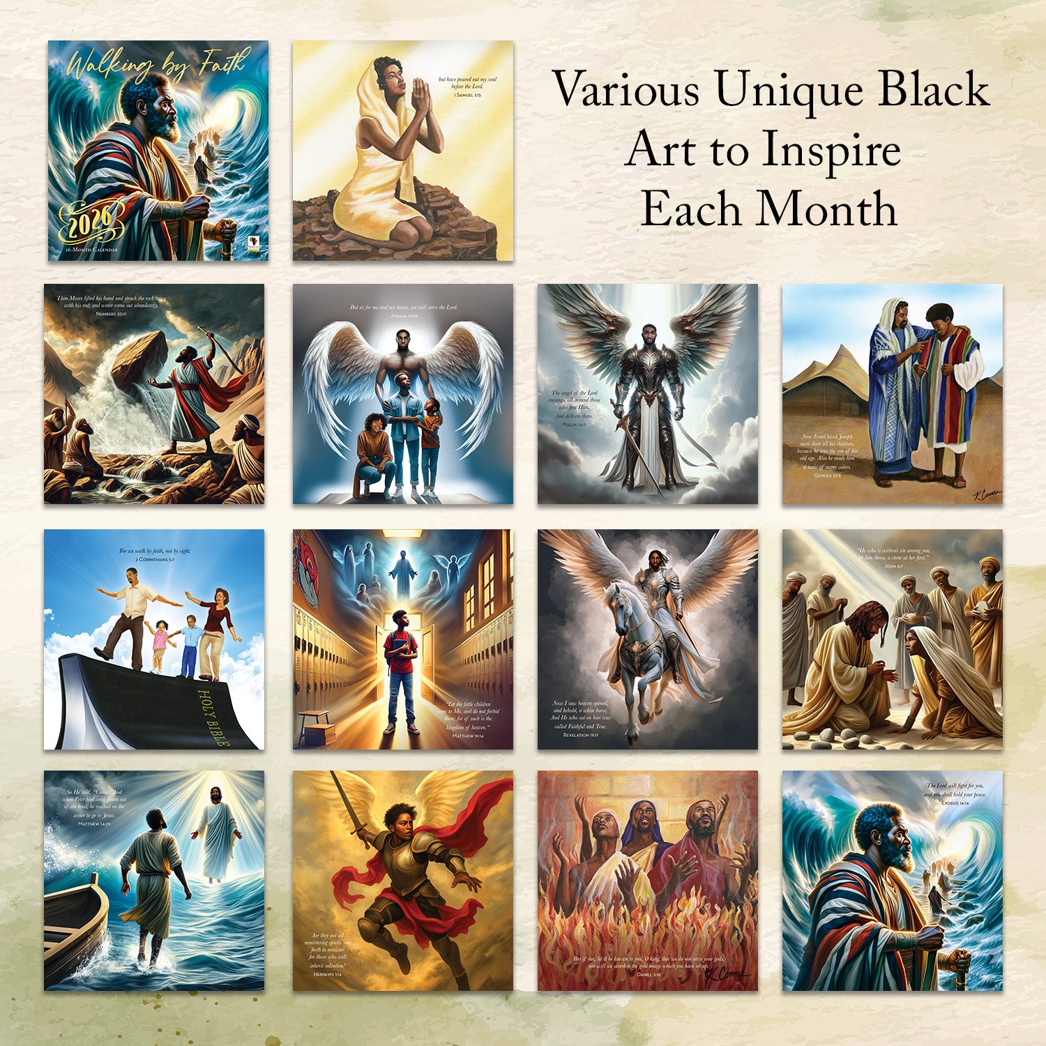 Collection of various unique Black art pieces on a beige background with text.