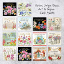 Collection of various unique black art prints with floral and nature-themed designs on a gray background.