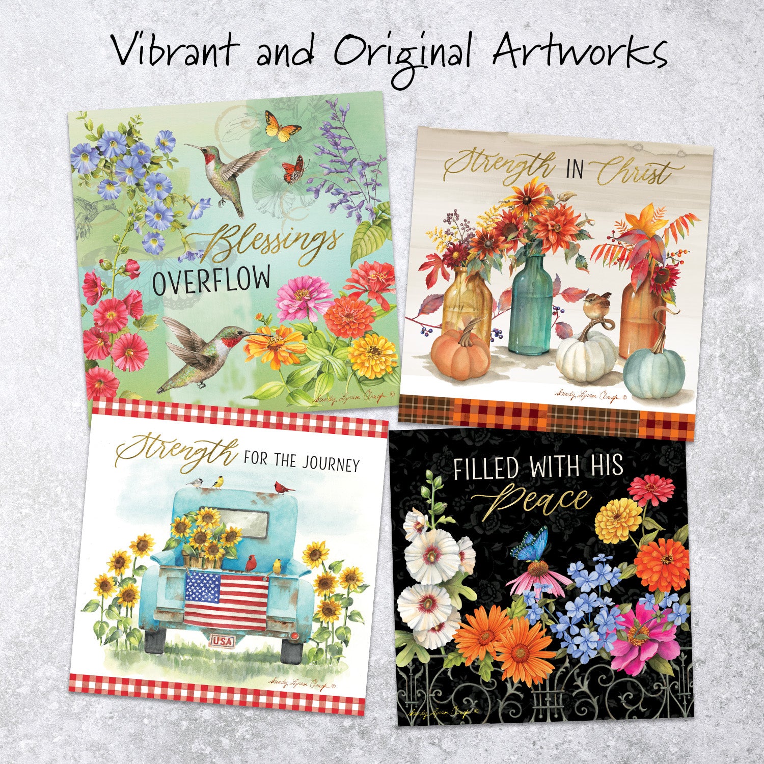 Four vibrant and original artworks with floral and nature-themed designs on a gray background.