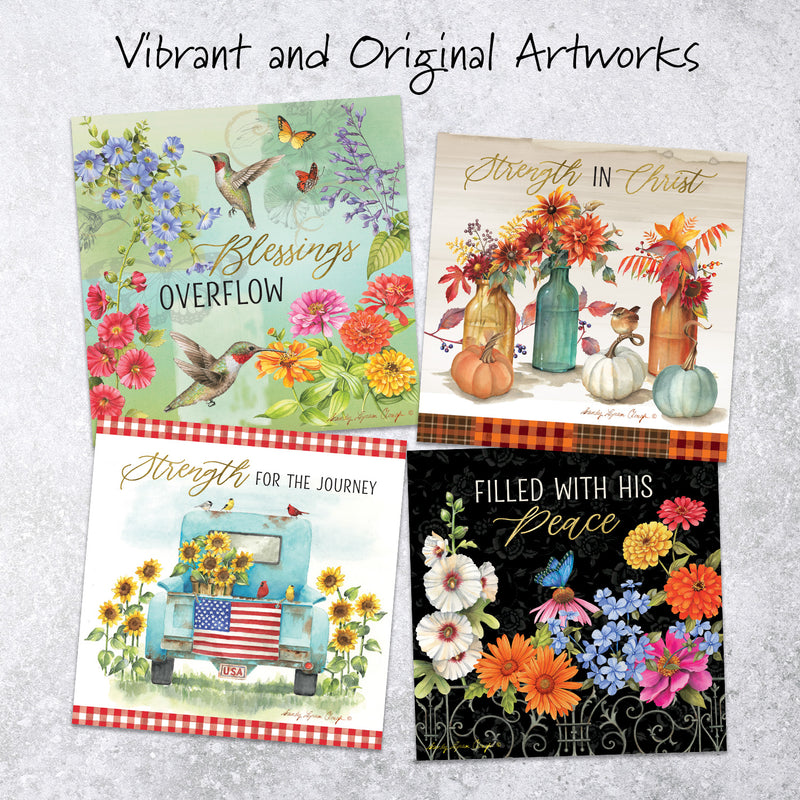 Four vibrant and original artworks with floral and nature-themed designs on a gray background.