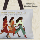 Front view of the Woman with God Canvas Bag highlighting its vibrant and beautiful design with three women illustration