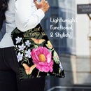 Women wearing a floral bag with text overlay on a blurred street background