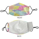 A colorful geometric patterned face mask with adjustable ear straps and a filter pocket, displayed front and back.